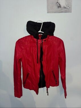 Guess Red Faux Leather Jacket with Black Hood